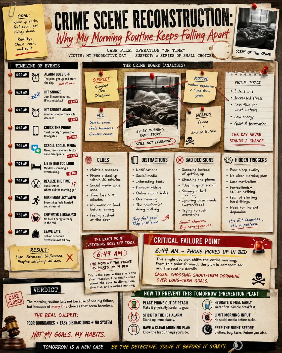 Example ChatGPT output from the /make-crime-scene-reconstruction prompt: a crime-board style breakdown of why a morning routine keeps falling apart, with a timeline, clues, and the critical failure point.