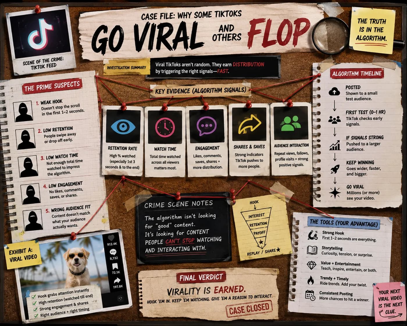 Example ChatGPT output from the /make-evidence-board prompt: a detective-style evidence board investigating why some TikToks go viral and others flop.