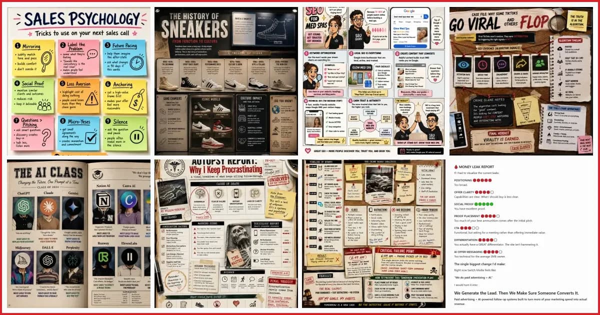 A grid of 8 example ChatGPT visual prompt outputs: sticky notes, a museum exhibit, a comic strip, an evidence board, a yearbook page, an autopsy report, a crime scene reconstruction, and a money leak report.