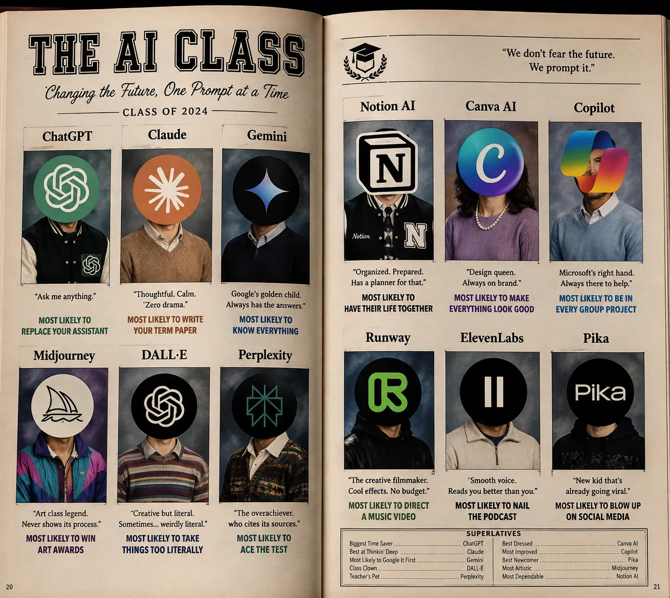 Example ChatGPT output from the /make-yearbook-page prompt: a yearbook-style spread giving popular AI tools like ChatGPT, Claude, and Midjourney personality superlatives.